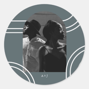 Sticker Rond Arches chic avec Mariage photo Monogram Blue