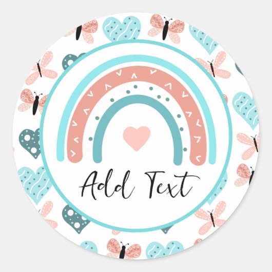 Sticker Rond Arcs-en-ciel, papillons et coeurs personnalisés (Devant)
