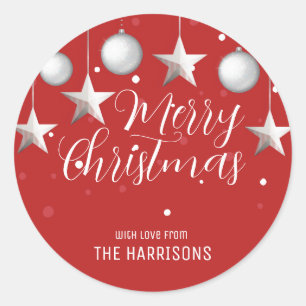Sticker Rond Argent brillant Noël Baubles Rouge