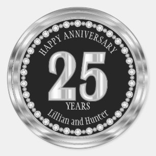 Sticker Rond Argent et noir - 25 ans avec diamants