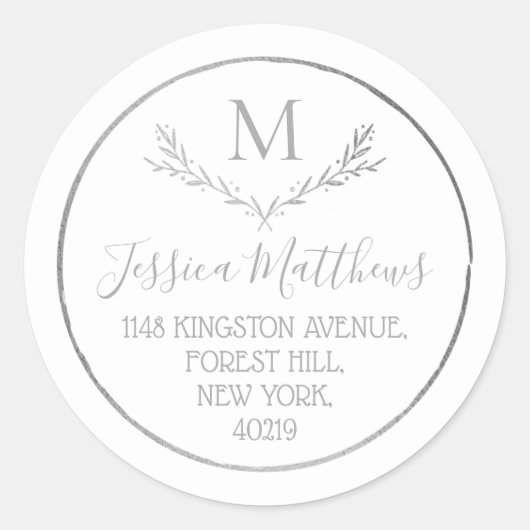 Sticker Rond Argent Foil Wreath Custom Monogram Adresse de reto (Devant)
