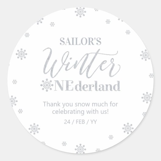 Sticker Rond Argent hiver pays, Merci neige beaucoup (Devant)