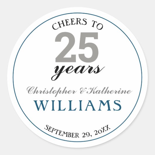 Sticker Rond Argent moderne et bleu 25e anniversaire Mariage (Devant)