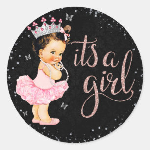 Sticker Rond Argent rose C'est une fille princesse Baby shower