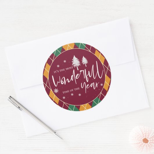 Sticker Rond Argyle Jaune Orange Vert Joyeux Noël (Enveloppe)