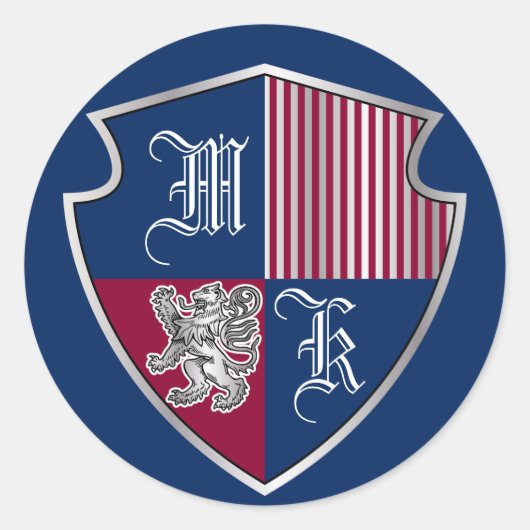 Sticker Rond Armoiries Monogramme Emblème Argent Lion Bouclier (Devant)