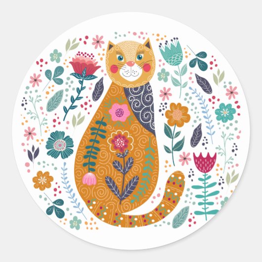 Sticker Rond Arrière - plan floral chaton à main dessiné (Devant)