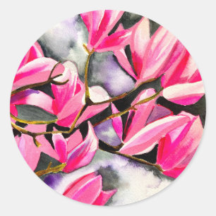 Sticker Rond art aquarelle magnolia rose