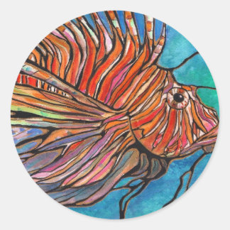 Sticker Rond Art Coloré Lionfish "Verre Tiré" Style Art!