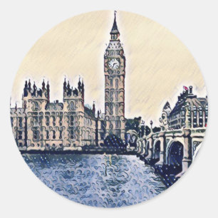 Sticker Rond Art de Big Ben London Watercolor