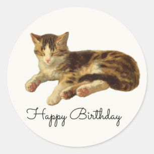 Sticker Rond Art de chat endormi victorien vintage Joyeux Anniv