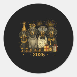 Sticker Rond Art de fête vintage Dachshund or nouvel an 2026 