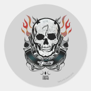 Sticker Rond Art de tatouage de crâne et de flammes du peloton