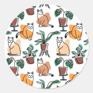 Sticker Rond Art de trait dessin chats et fleurs