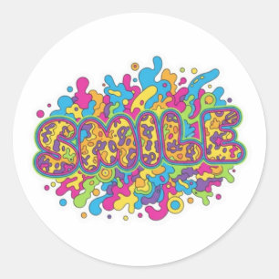 Sticker Rond Art de typographie psychédélique coloré SMILE