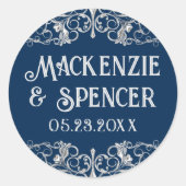 Sticker Rond Art Déco Filigrane | Mariage Argent et Bleu Nuit (Devant)