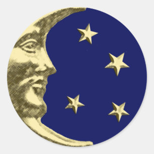 Sticker Rond Art Déco Lune et Etoiles - Marine Bleu et Or