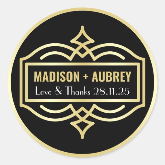 Sticker Rond Art Déco Mariage Amour & Merci Gold Black Faveur (Devant)