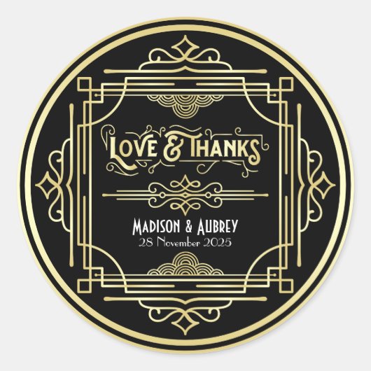 Sticker Rond Art Déco Mariage Amour & Merci Gold Black Faveur (Devant)