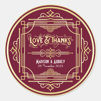 Sticker Rond Art Déco Mariage Amour & Merci Gold Burgundy Favor