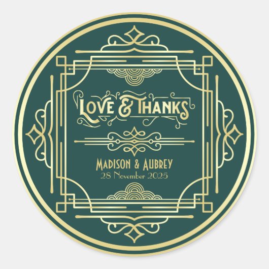 Sticker Rond Art Déco Mariage Amour & Merci Gold Green Favorise (Devant)