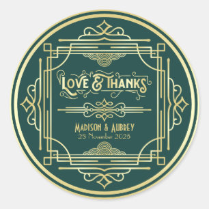 Sticker Rond Art Déco Mariage Amour & Merci Gold Green Favorise