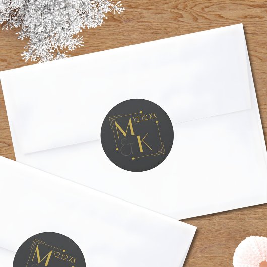 Sticker Rond Art déco Mariage des années 1920 Black Gold