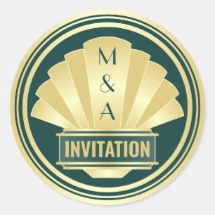 Sticker Rond Art Déco Mariage Elégant Gold Green Great Gatsby
