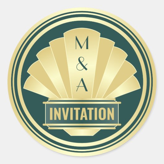 Sticker Rond Art Déco Mariage Elégant Gold Green Great Gatsby (Devant)