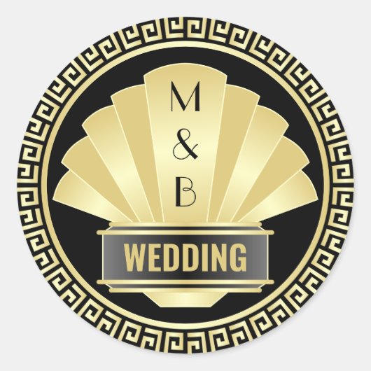 Sticker Rond Art Déco Mariage Elegant Or Noir Grand Gatsby (Devant)