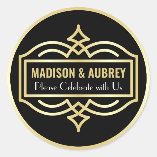 Sticker Rond Art Déco Mariage Love & Thanks Gold Black Mailing (Devant)