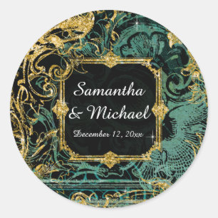 Sticker Rond Art Déco Peacock Gold Parties scintillant Old Holl