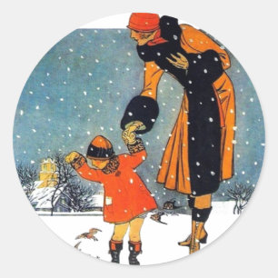 Sticker Rond Art Déco vintage Hiver Mère et Enfant dans la Neig