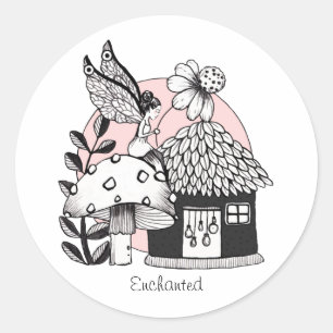 Sticker Rond Art Enchanté De L'Encre De Maison Fée Et Fée