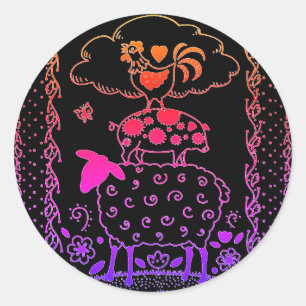 STICKER ROND ART FOLAIRE ANIMAUX DE FERME MOUSSE, PIG, ROOSTER