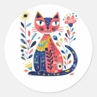 Sticker Rond Art Folk Coloré Illustration De Chat Avec L'Ele Fl