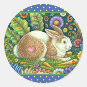 STICKER ROND ART FOLK RABBIT & BLUEBIRD DANS LE JARDIN SECRET