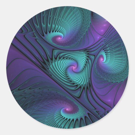 Sticker Rond Art fractal abstrait moderne de pourpre et de turq (Devant)