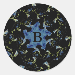 Sticker Rond Art fractal Sage bleu et noir Monogramme