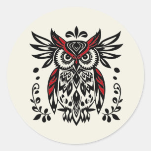 Sticker Rond Art graphique tribal boho hibou oiseau faune