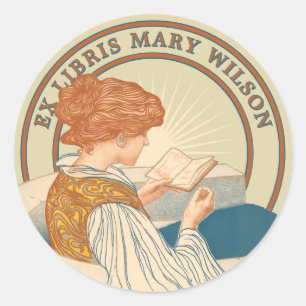 Sticker Rond Art Nouveau Femme & Livre 1900 Ex Libris Modèle