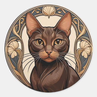Sticker Rond Art Nouveau Havane Chat Brown