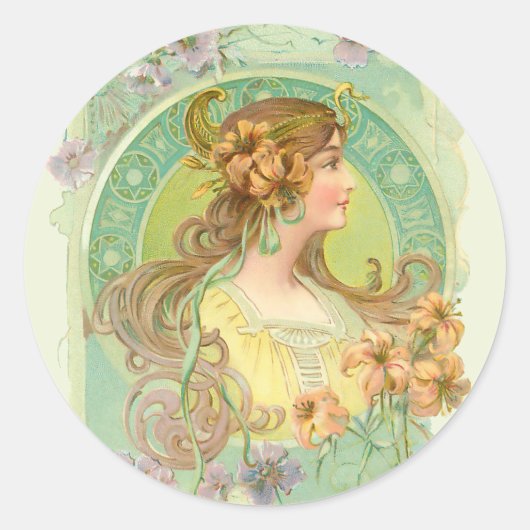 Sticker Rond Art Nouveau Jeune Fille avec étoiles Fleurs (Devant)