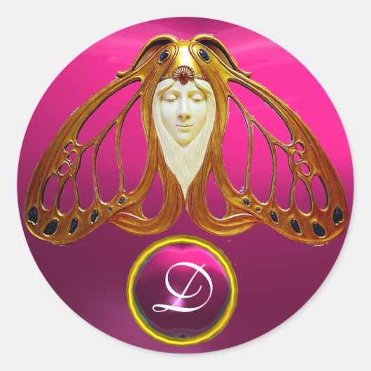 STICKER ROND ART NOUVEAU MOTH FEMME ROSE FUCHSIA GEM MONOGRAS (Devant)