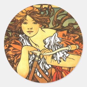 Sticker Rond Art Nouveau Vélo Mucha Art