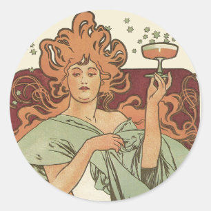 Sticker Rond Art Nouveau vintage, Champagne par Alphonse Mucha