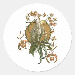 Sticker Rond Art Nouveau vintage, oiseau cacatoès, fleurs d'orc