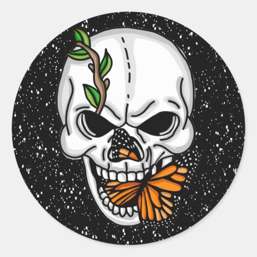 Sticker Rond Art numérique crâne et papillon (Devant)