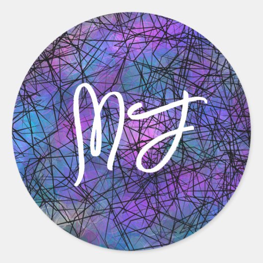 Sticker Rond Art numérique monogramme bleu, noir et violet (Devant)