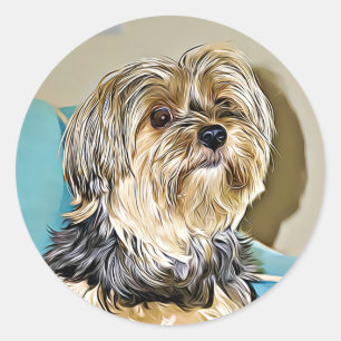 Sticker Rond Art numérique terrier de yorkshire mignon